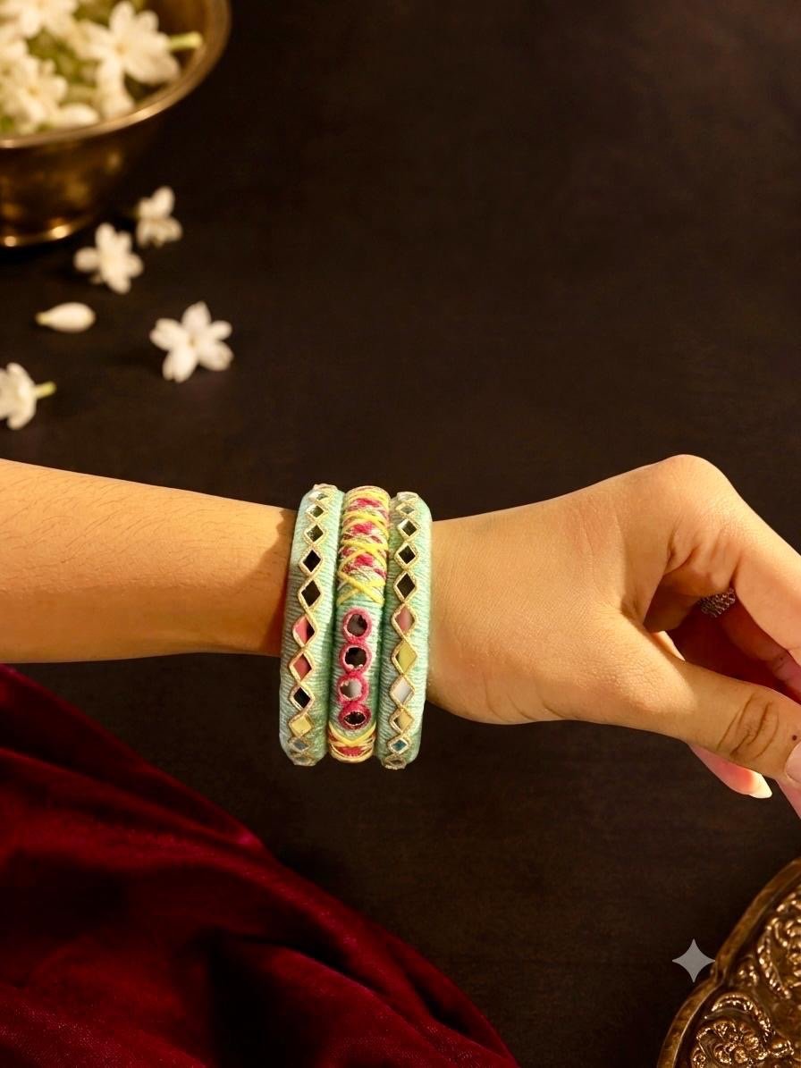 Teal Multicolour Thread Work Bangle Set