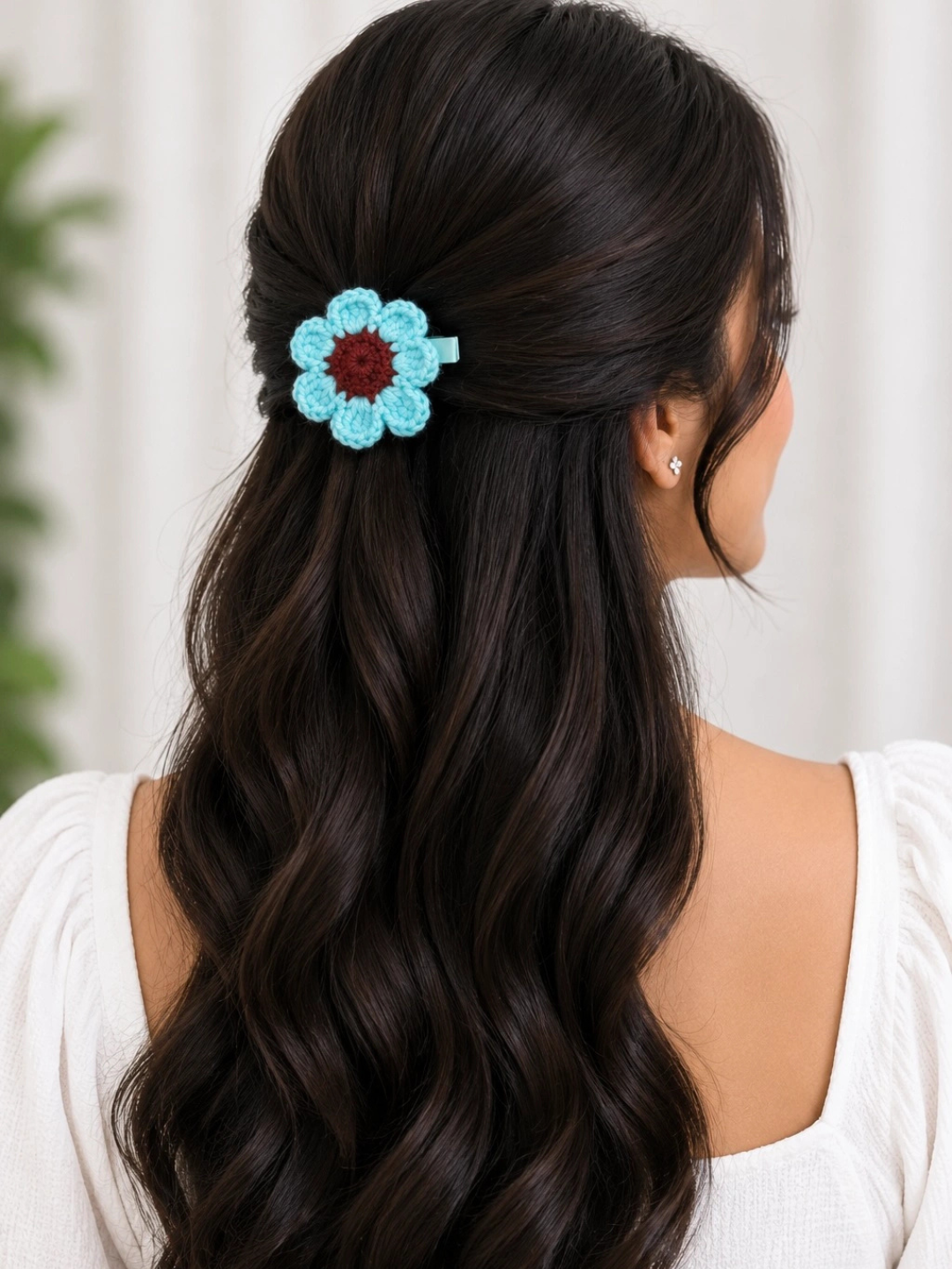 Blue & Brown Crochet Floral Hair Clip