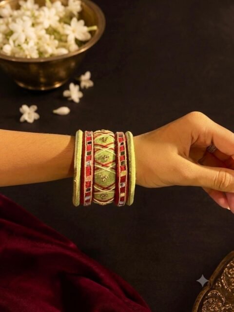 Green & Maroon Mirror Work Thread Bangle Set