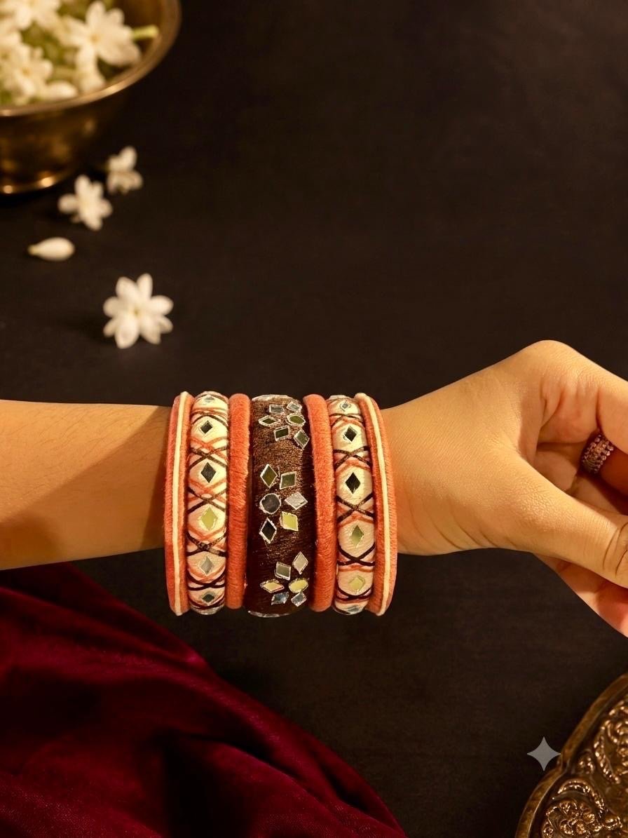 Red & Black Mirror Work Thread Bangle Set