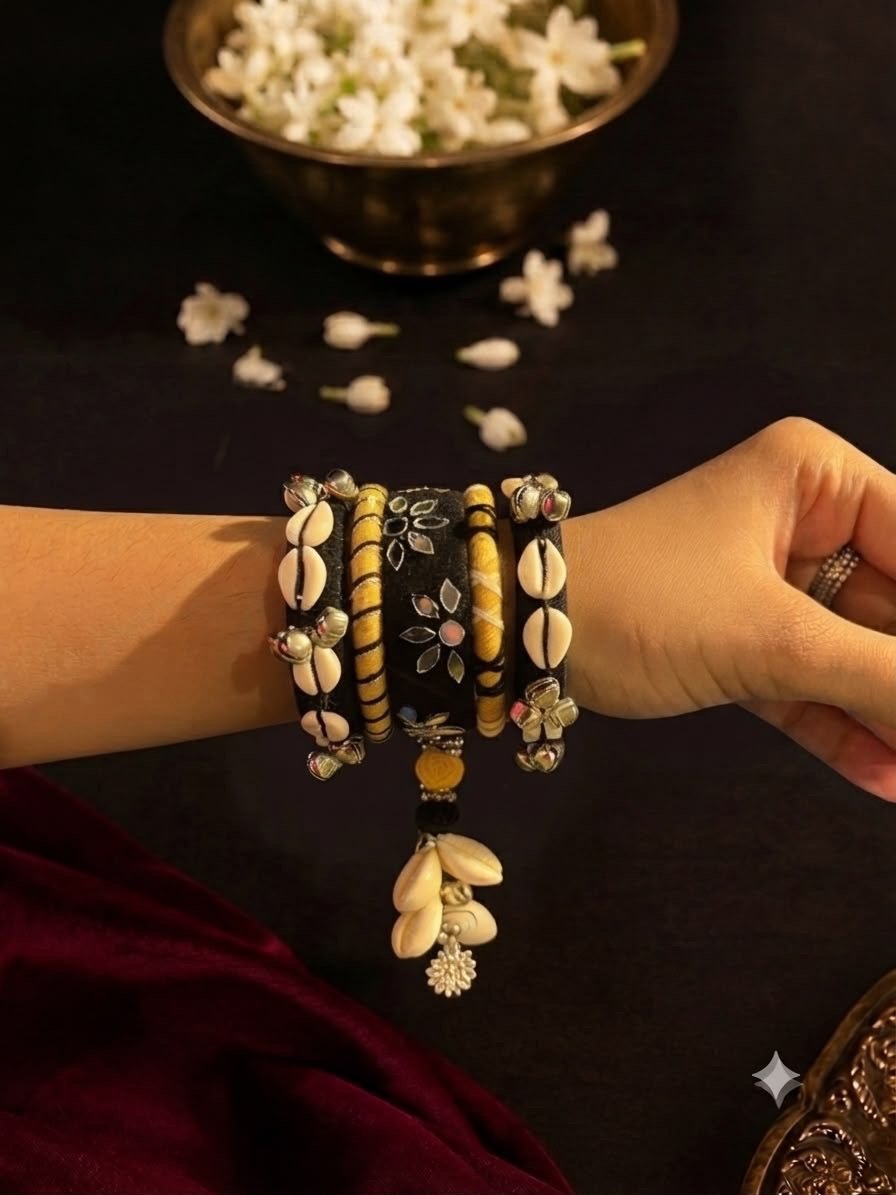 Black Shell & Mirror Work Bangle Set