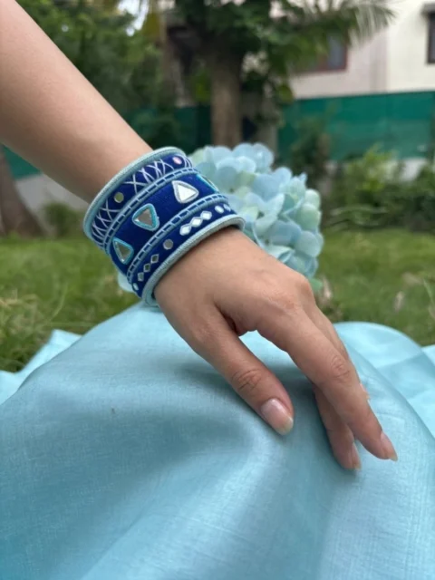 Navy Blue & Sky Blue Mirror Embellished Bangle Set