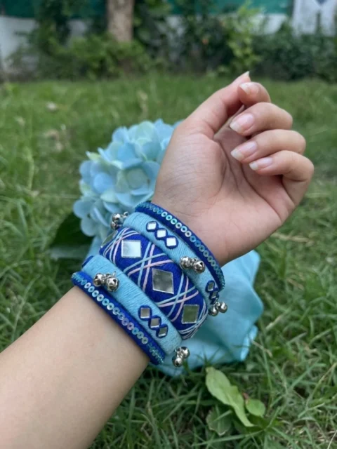 Blue & Sky Blue Mirror Work Thread Bangle Set