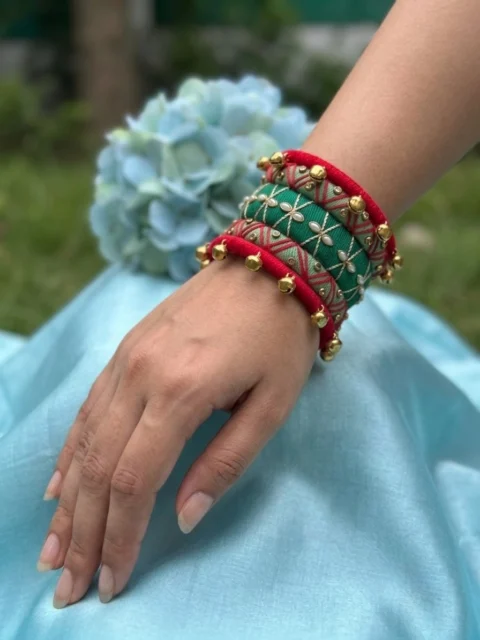 Red & Green Bell Embellished Thread-Wrapped Bangle Set
