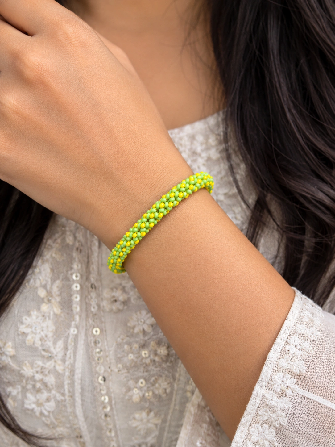Green & Yellow Beaded Thread-Woven Bracelet