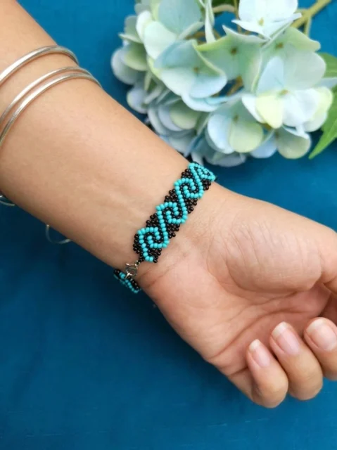 Blue & Black Beaded Woven Bracelet