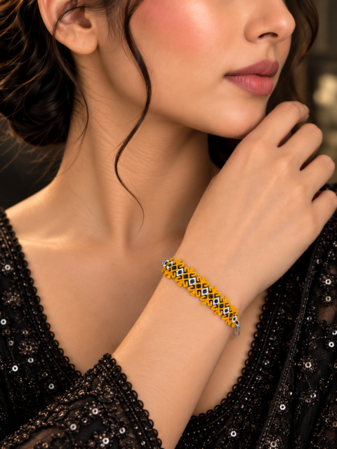 Yellow, White & Black Beaded Geometric Bracelet