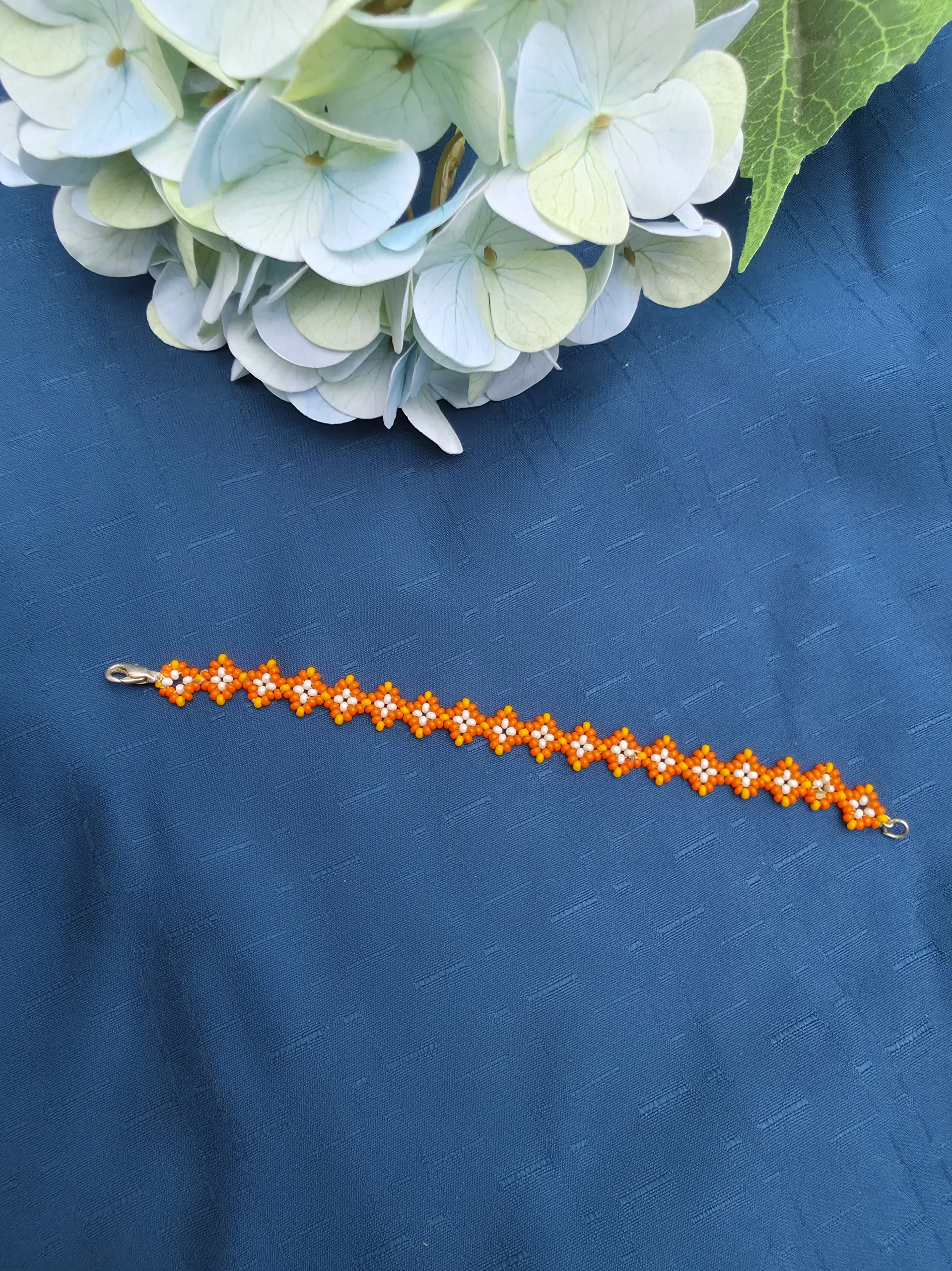 Orange & White Floral Beaded Bracelet