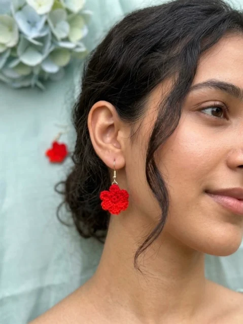Red Crochet Flower Earrings