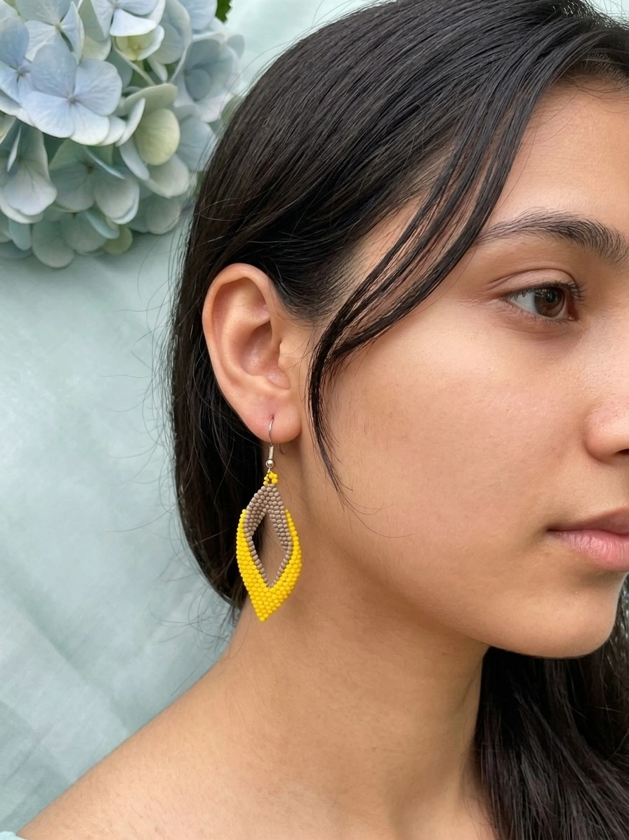 Yellow & Taupe Beaded Leaf Earrings