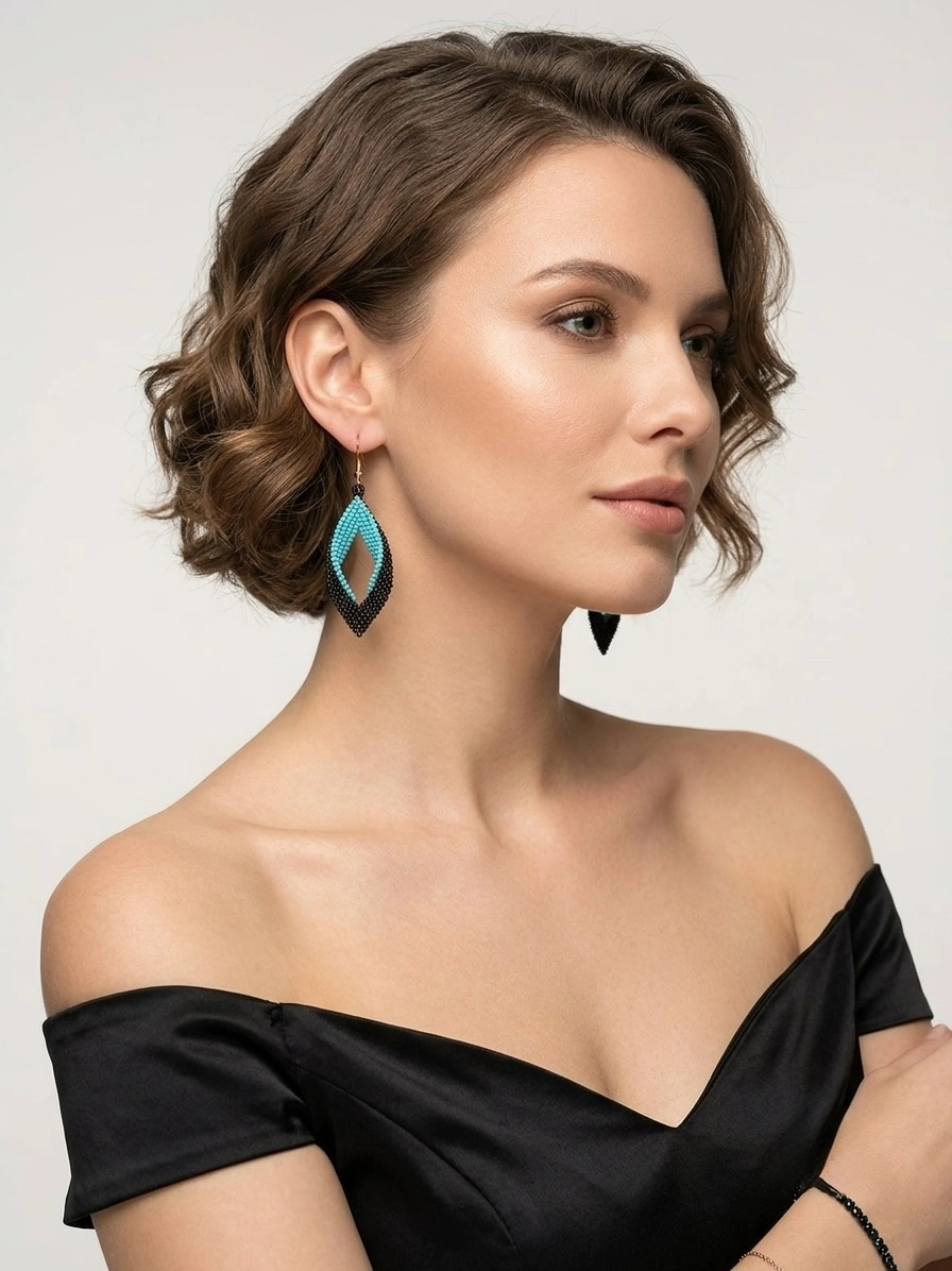 Turquoise & Black Beaded Leaf Earrings