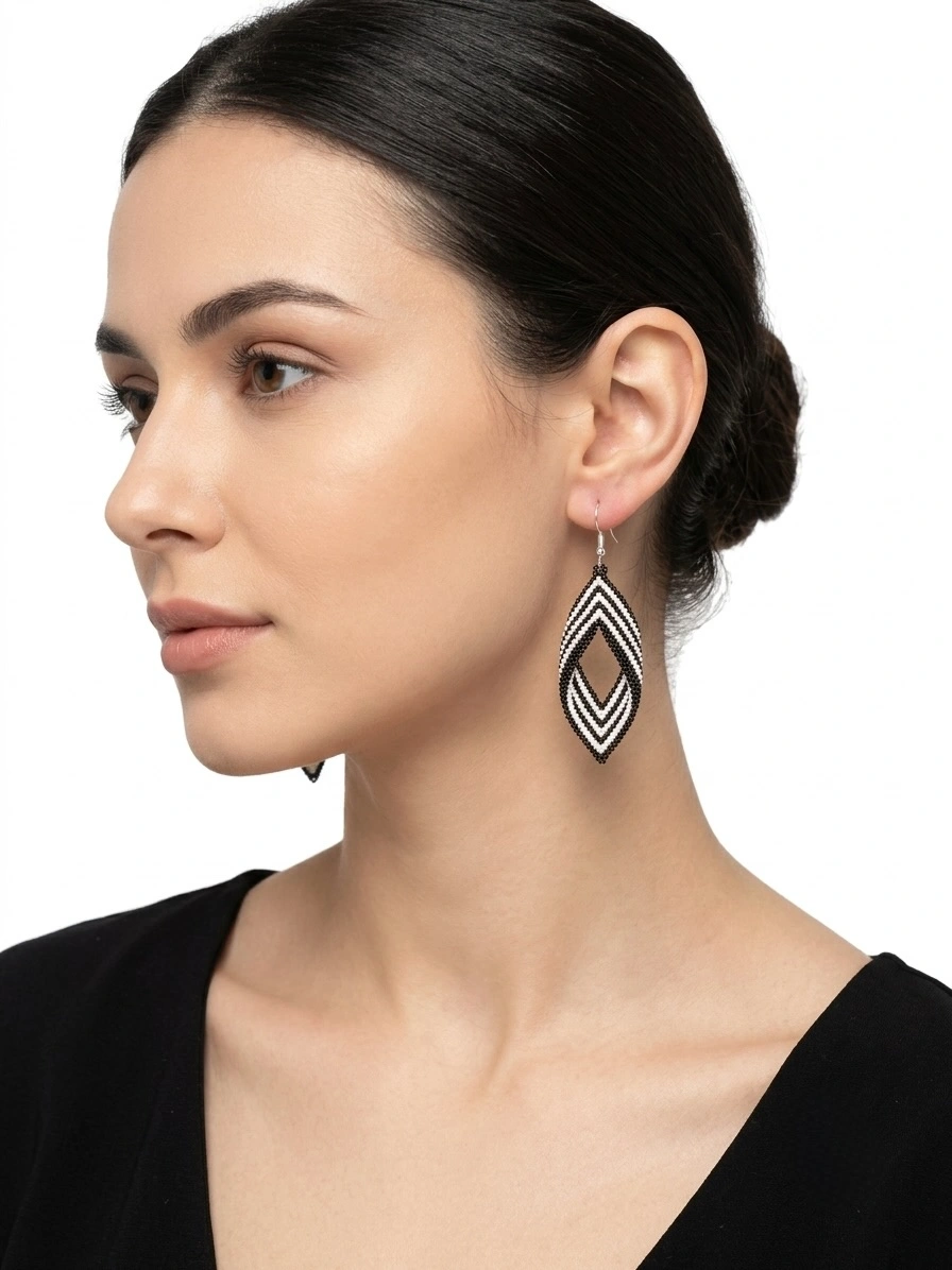 Black & White Beaded Leaf Earrings