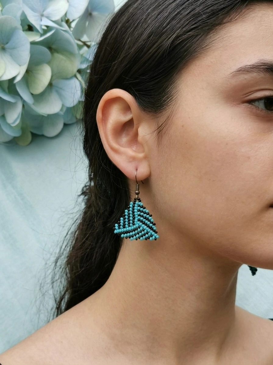 Turquoise & Black Beaded Triangle Earrings