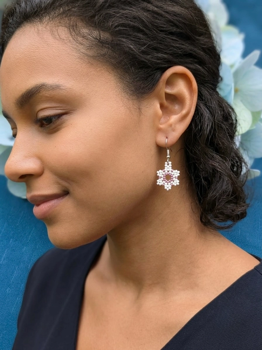 White & Pink Floral Beaded Earrings