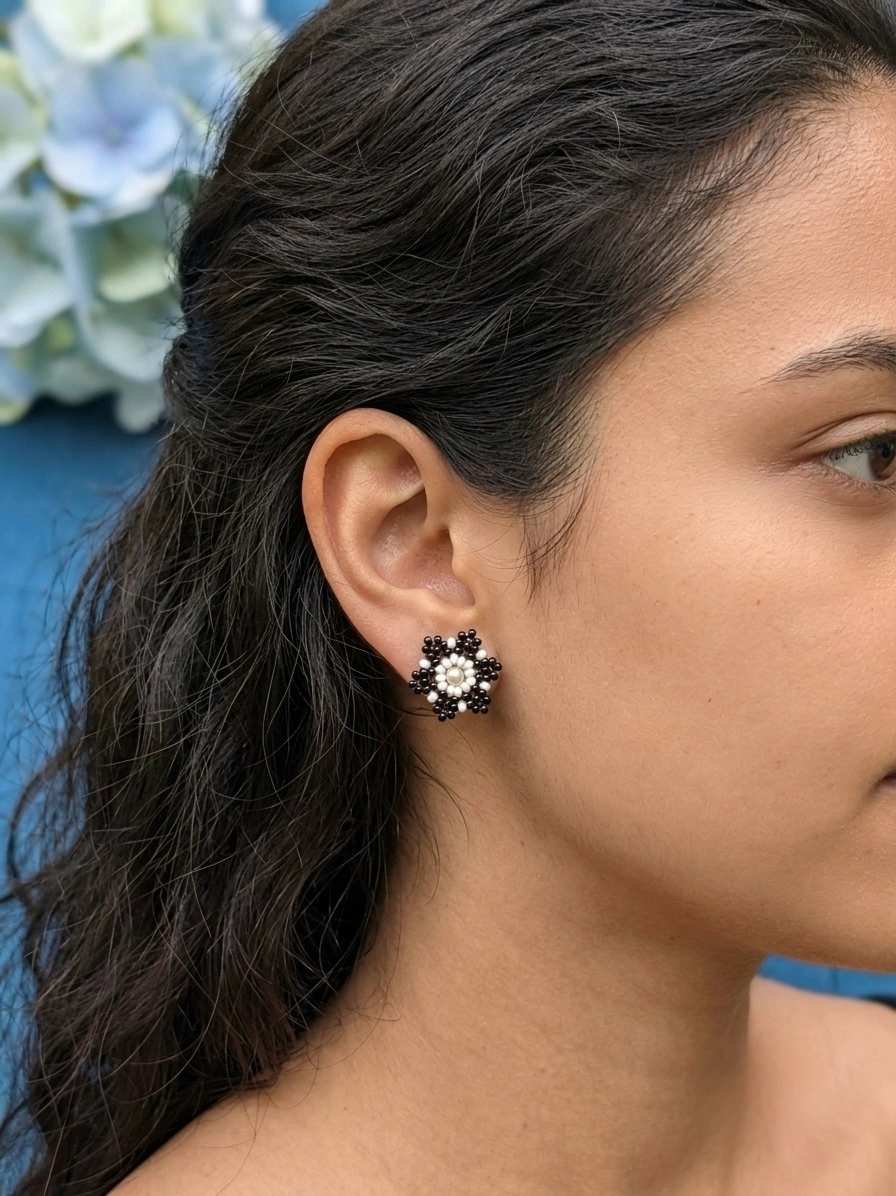 Black & White Beaded Floral Stud Earrings