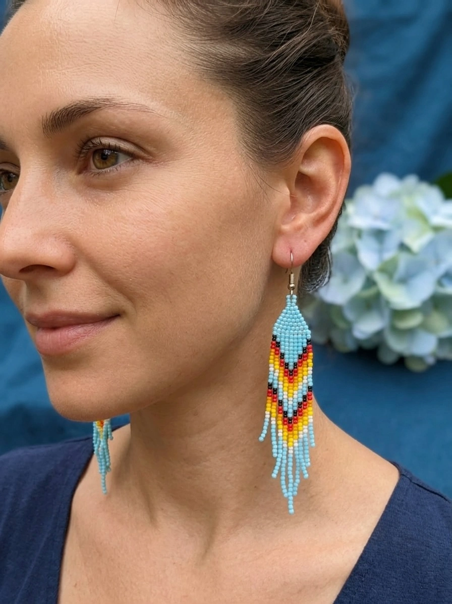 Blue, Red & Yellow Beaded Fringe Earrings