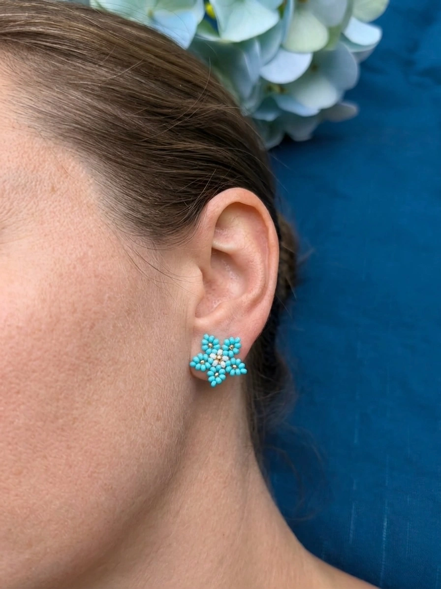 Turquoise & Pearl Beaded Floral Stud Earrings