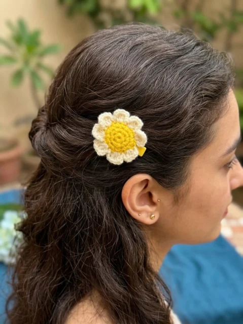 White & Yellow Crochet Floral Hair Clip