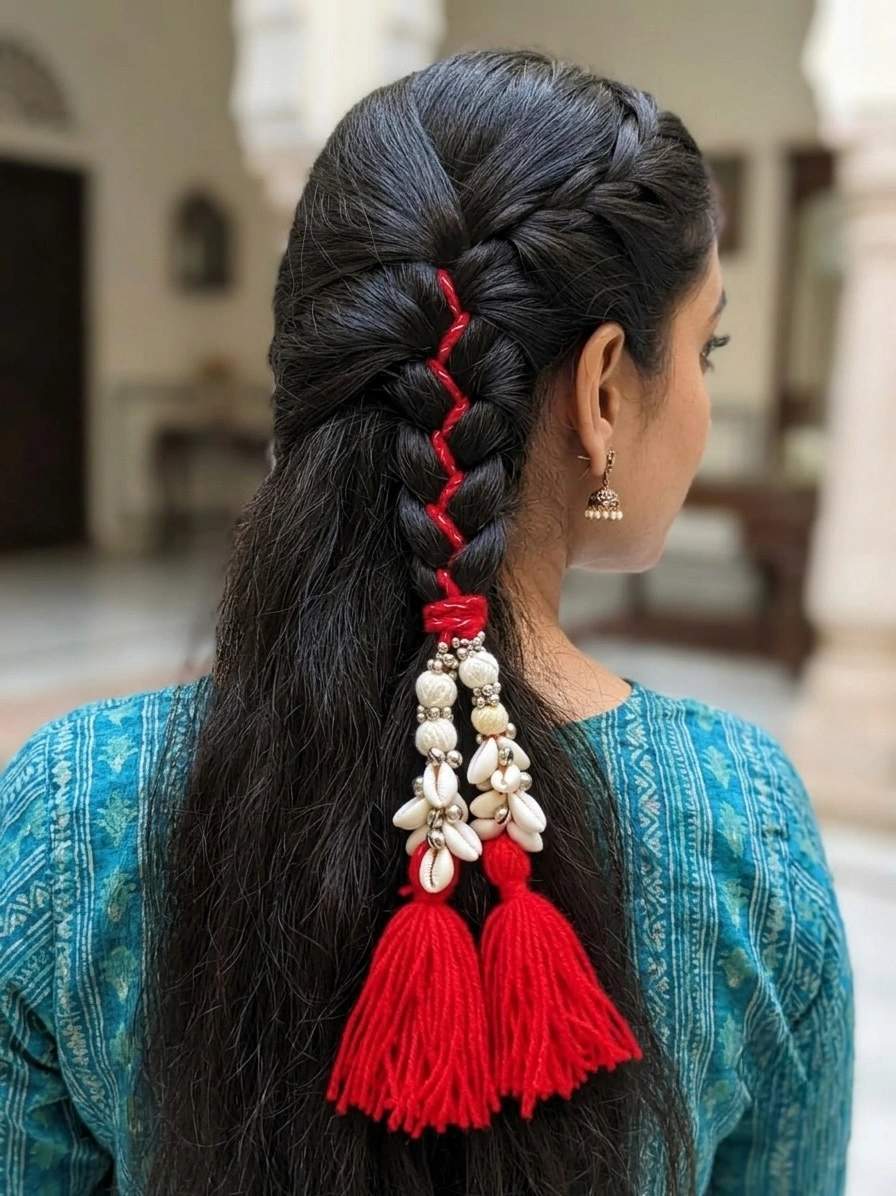 Red & White Shell Tassel Braid Hair Accessory