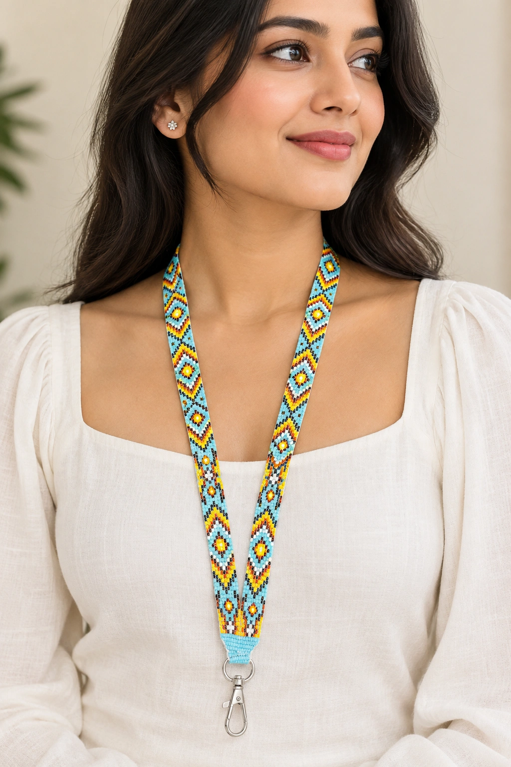 Blue & Yellow Beaded Card Holder Lanyard
