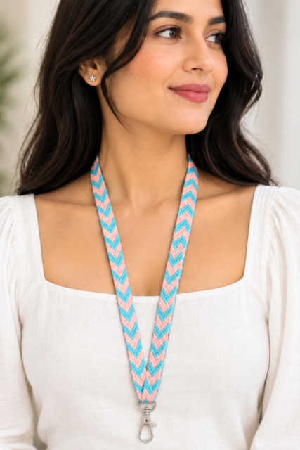 Peach & Blue Chevron Pattern Card Holder Lanyard