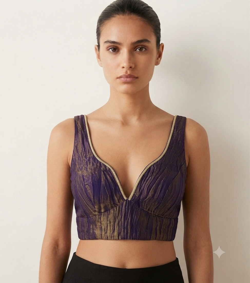 Black & Purple Metallic Deep V-Neck Blouse