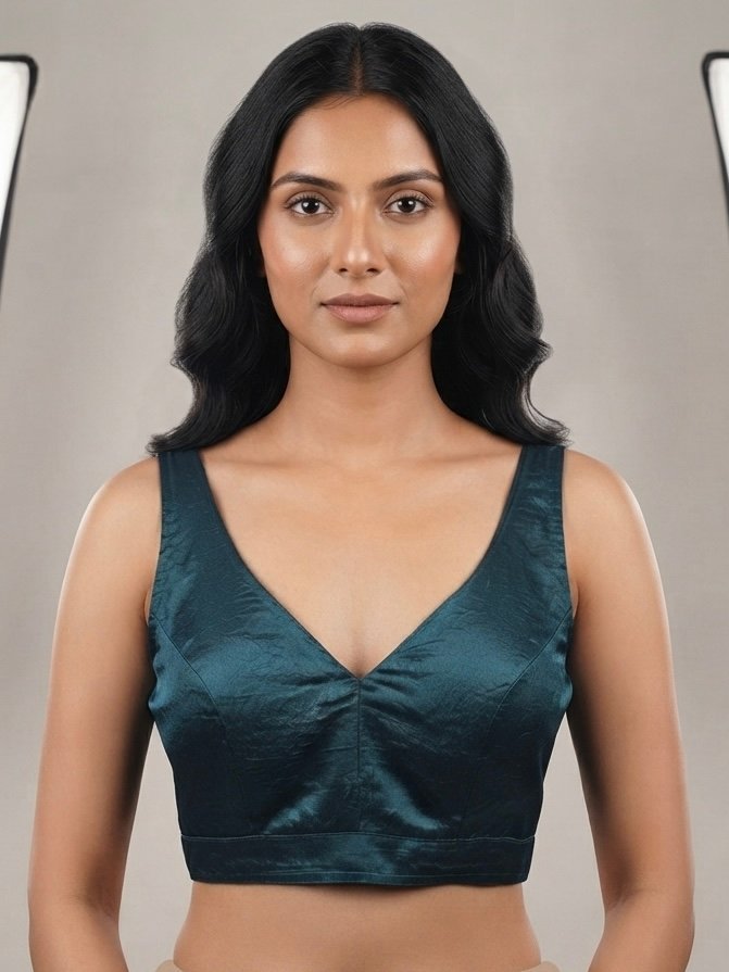 Deep Teal Satin V-Neck Blouse