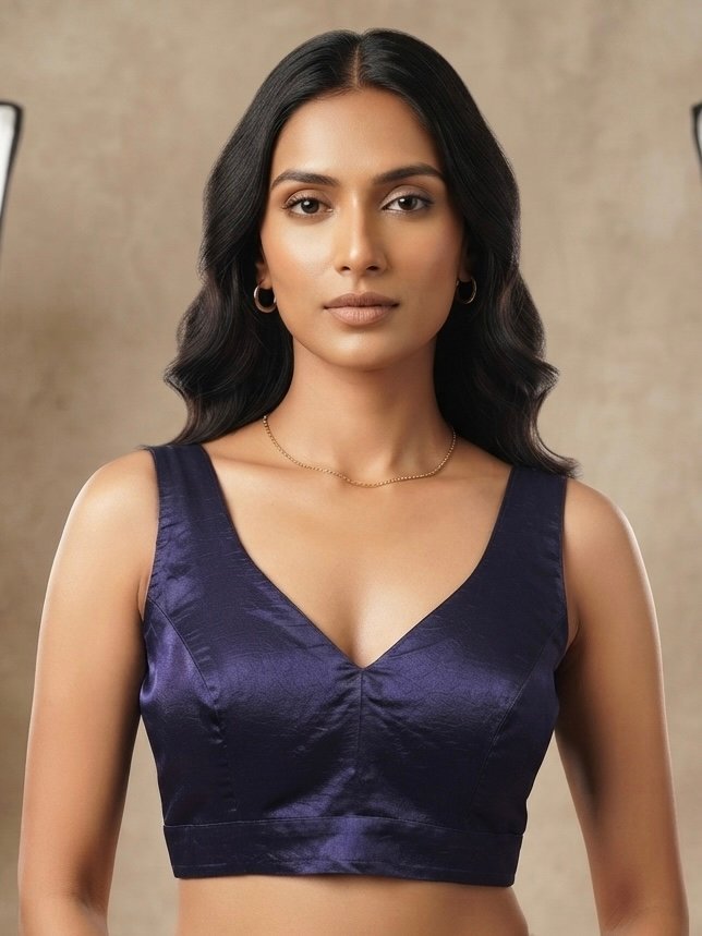 Deep Navy Satin V-Neck Blouse