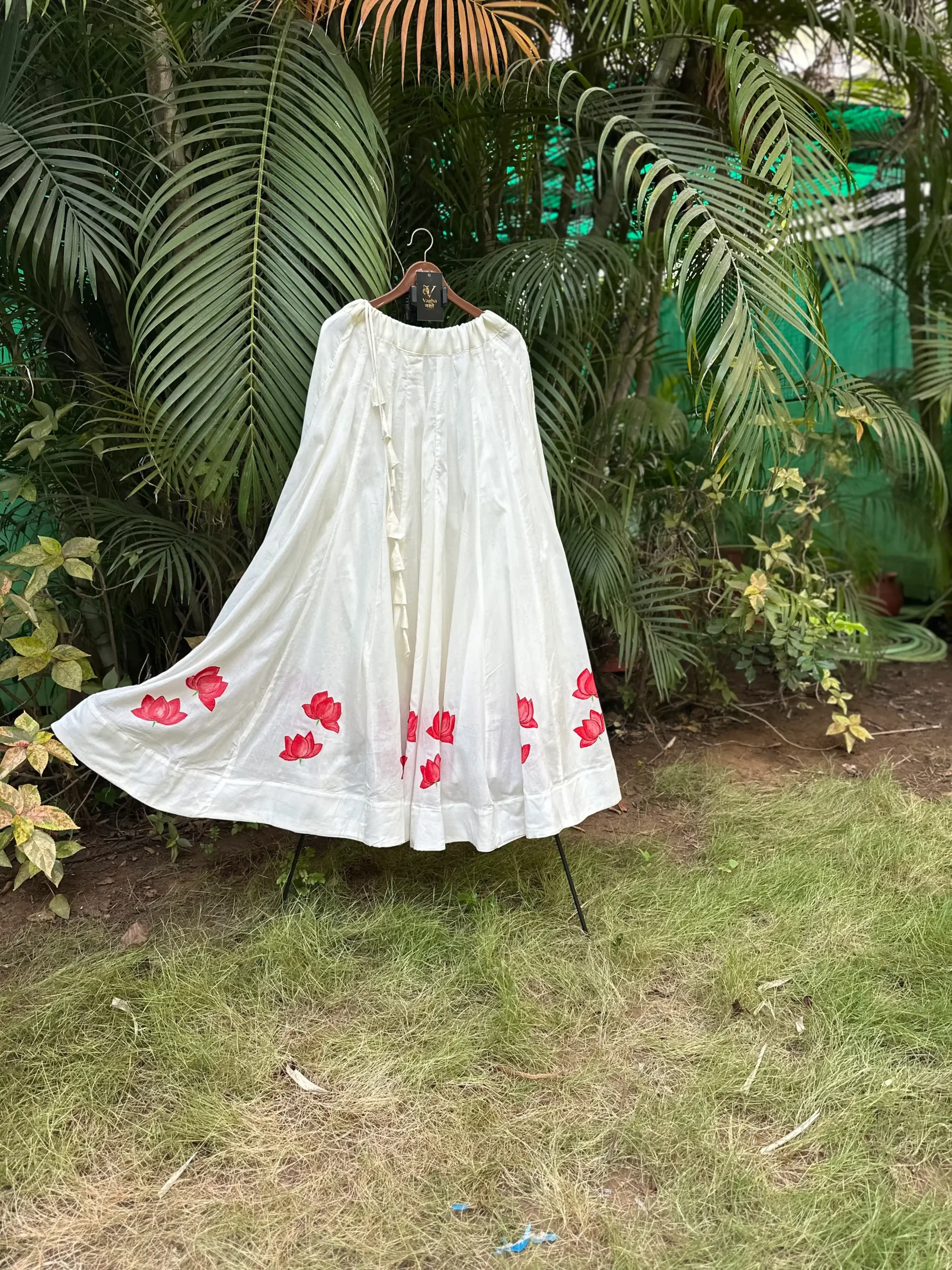 Stunning White & Red Hand-Painted Lotus Mal Cotton Flared Lehenga