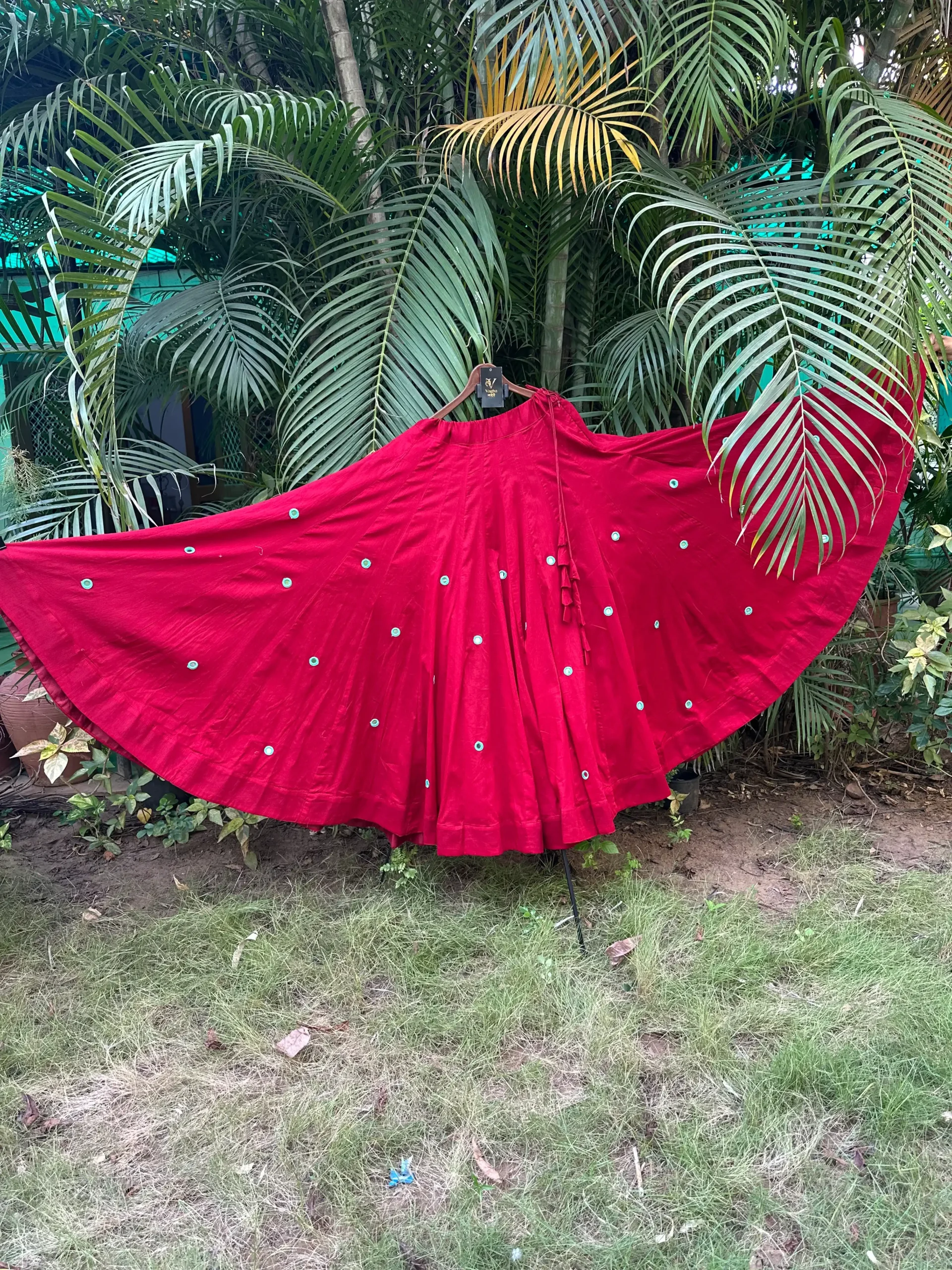 Stunning Maroon Mal Cotton with Mirror Work Flared Lehenga
