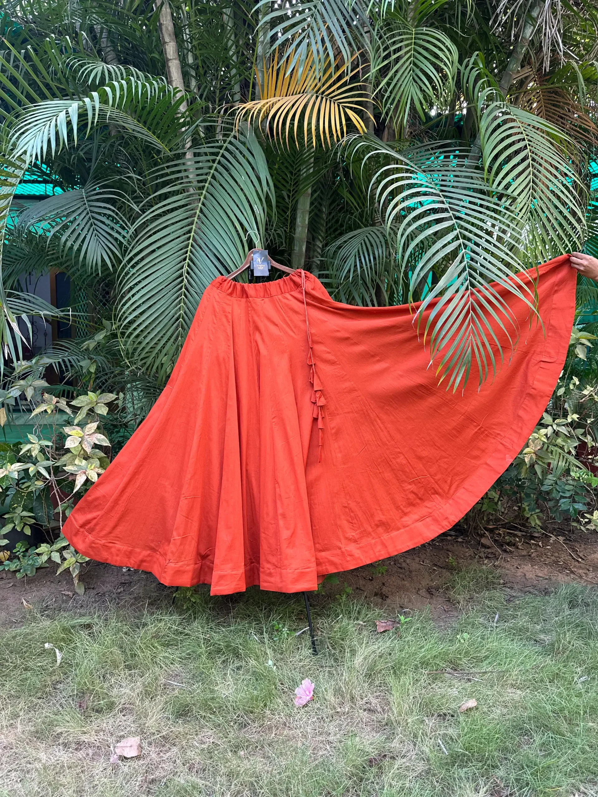 Elegant Plain Coral Orange Mal Cotton Flared Lehenga