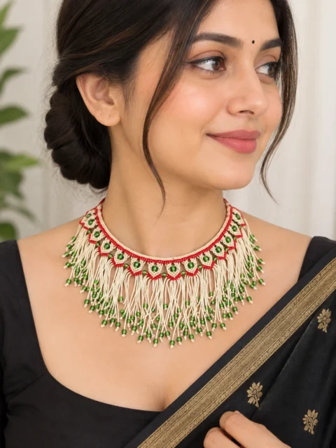 Red, White & Green Beaded Fringe Necklace