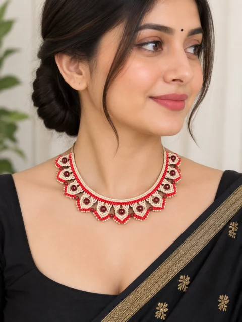 Red & White Beaded Necklace with Maroon Stone Motifs
