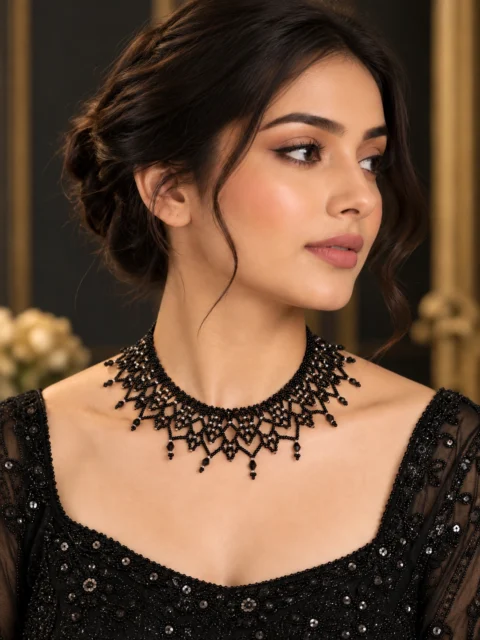 Black Beaded Statement Necklace with Geometric Fringe