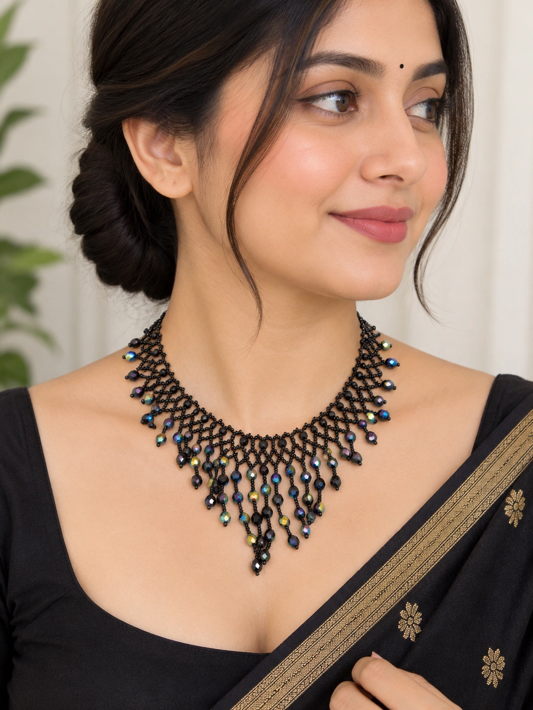 Black Beaded Statement Necklace with Multicolour Crystal Drops
