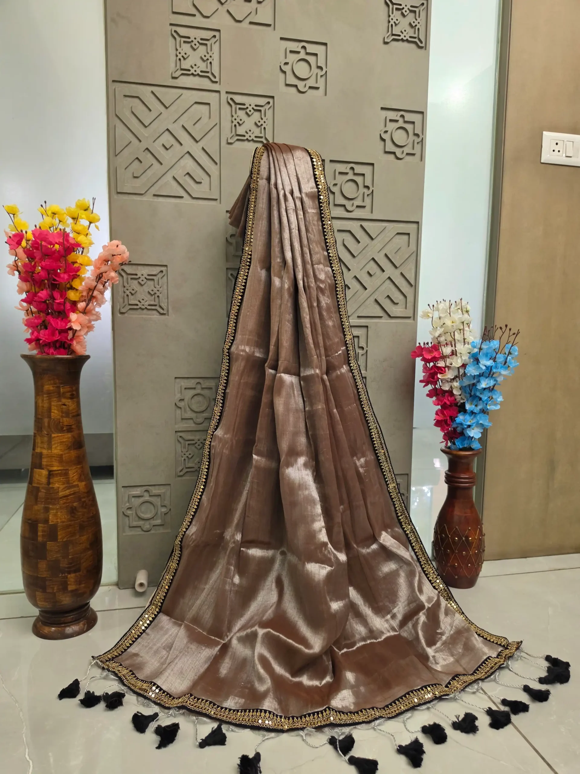 Taupe Brown Satin Saree with Black Sequin Border