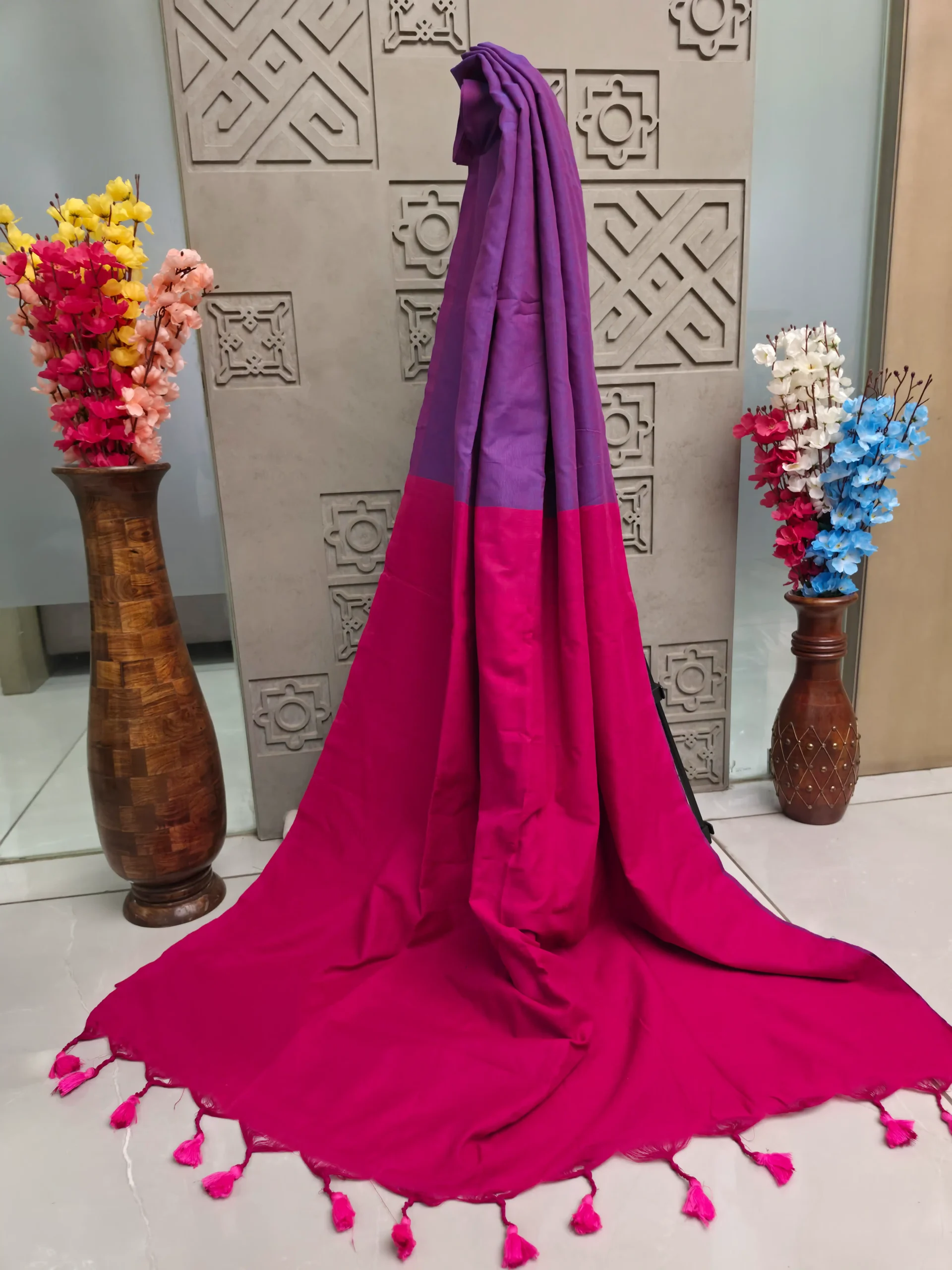 Dual-Tone Khadi Cotton Saree with Magenta Pink Pallu and Handmade Tassels