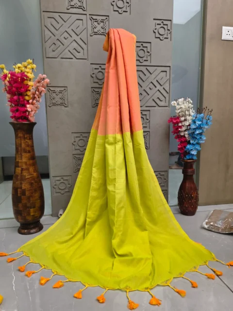 Khadi Cotton Saree with Contrast Lime Green Pallu and Handmade Tassels