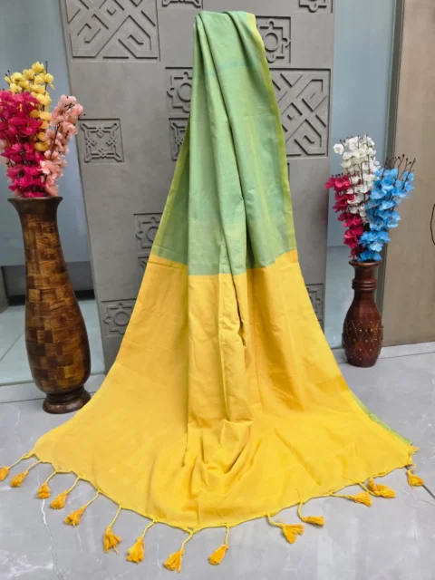 Khadi Cotton Saree with Contrast Pallu and Handmade Tassels