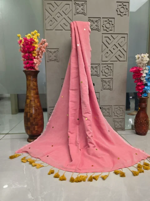 Soft Khadi Cotton Saree with Gold Circular Butti Work and Tassels