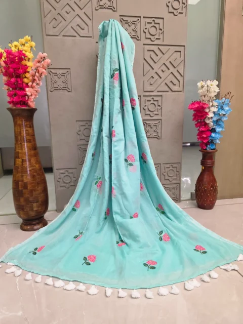 Mul Cotton Saree with Thoka ful Embroidery Detailing