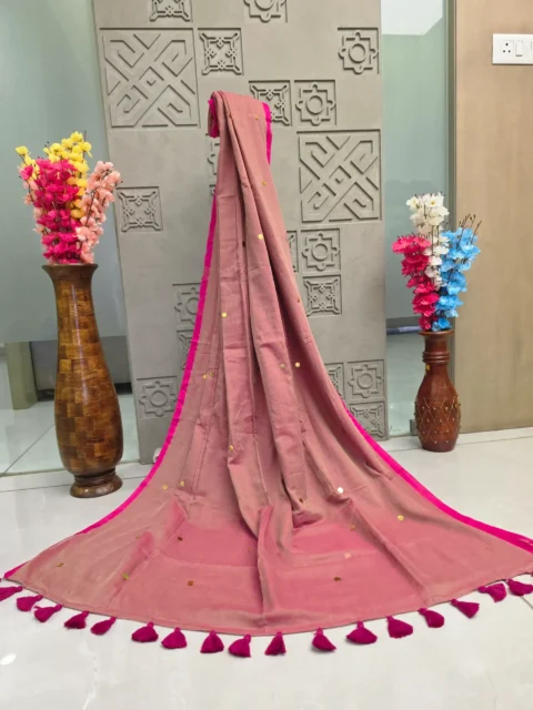 Muted Dusty Pink Gini Mul Cotton Saree with Textured Weave and Handcrafted Tassels