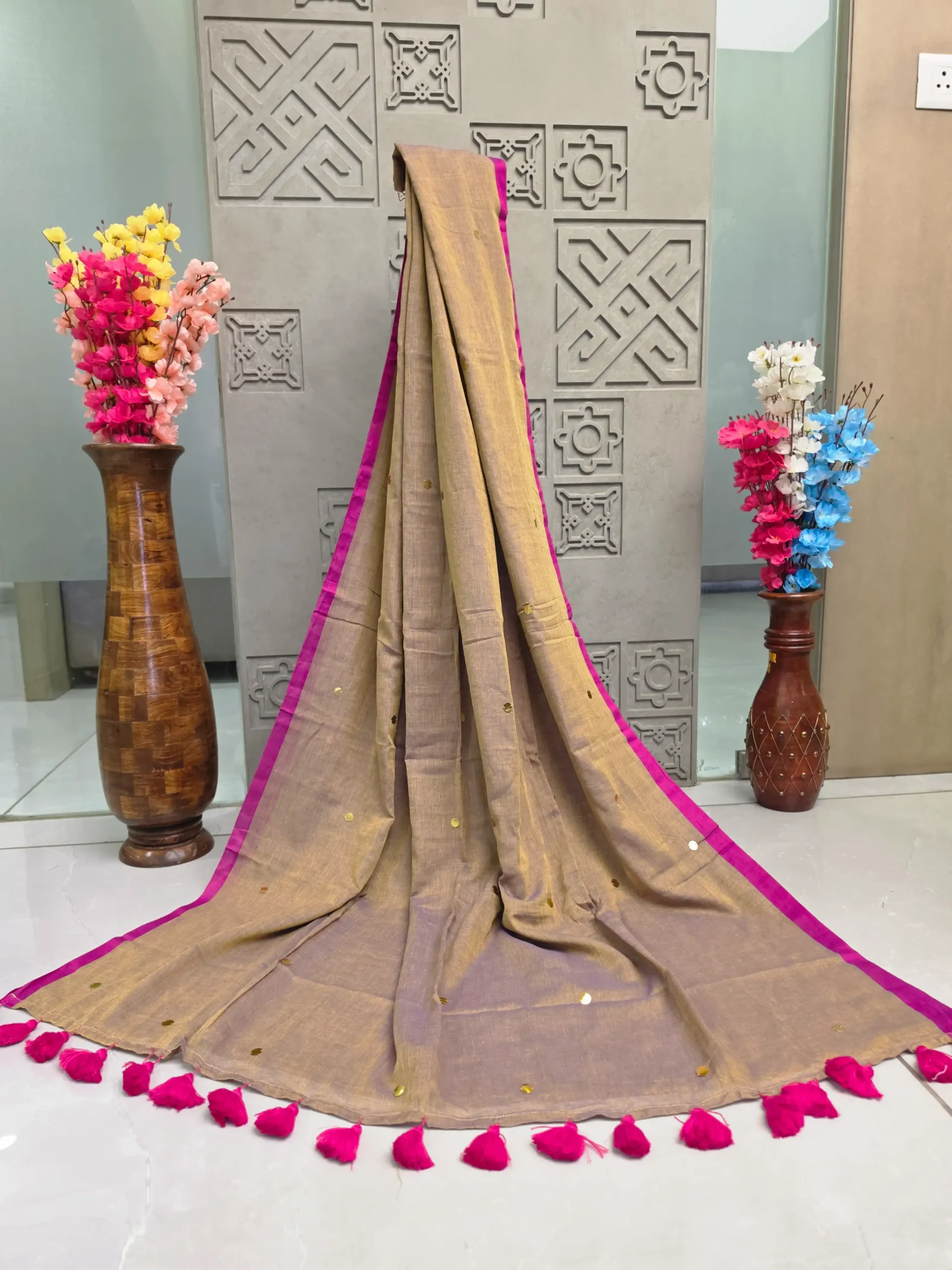 Artisanal Gini Mul Cotton Saree with Handcrafted Tassels