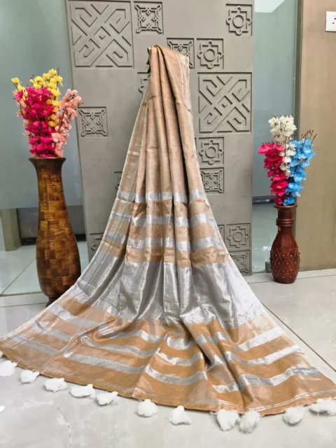 Crush Tissue Linen Beige Gold Saree with Thread Tassel