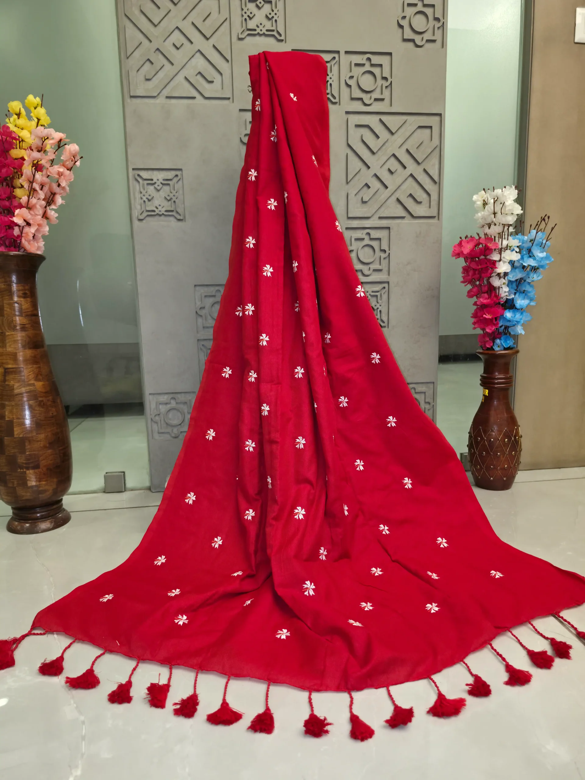 Soft Khadi Cotton Saree with Intricate Floral Embroidery