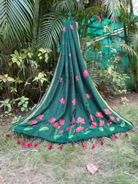 Artisanal Soft Khadi Cotton Saree With Hand-Painted Lotus Motifs