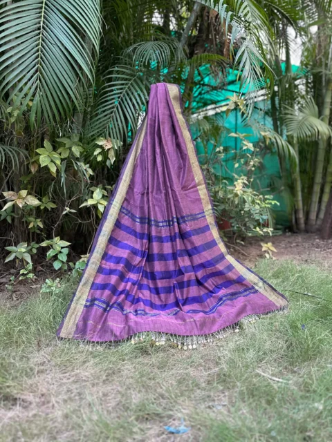 Maheshwari Cotton Silk Saree with Violet & Golden Striped Woven Border and Beaded Tassels