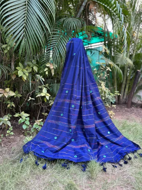 Khadi Cotton Royal Blue Multicolour Srtipes With Mirror Work