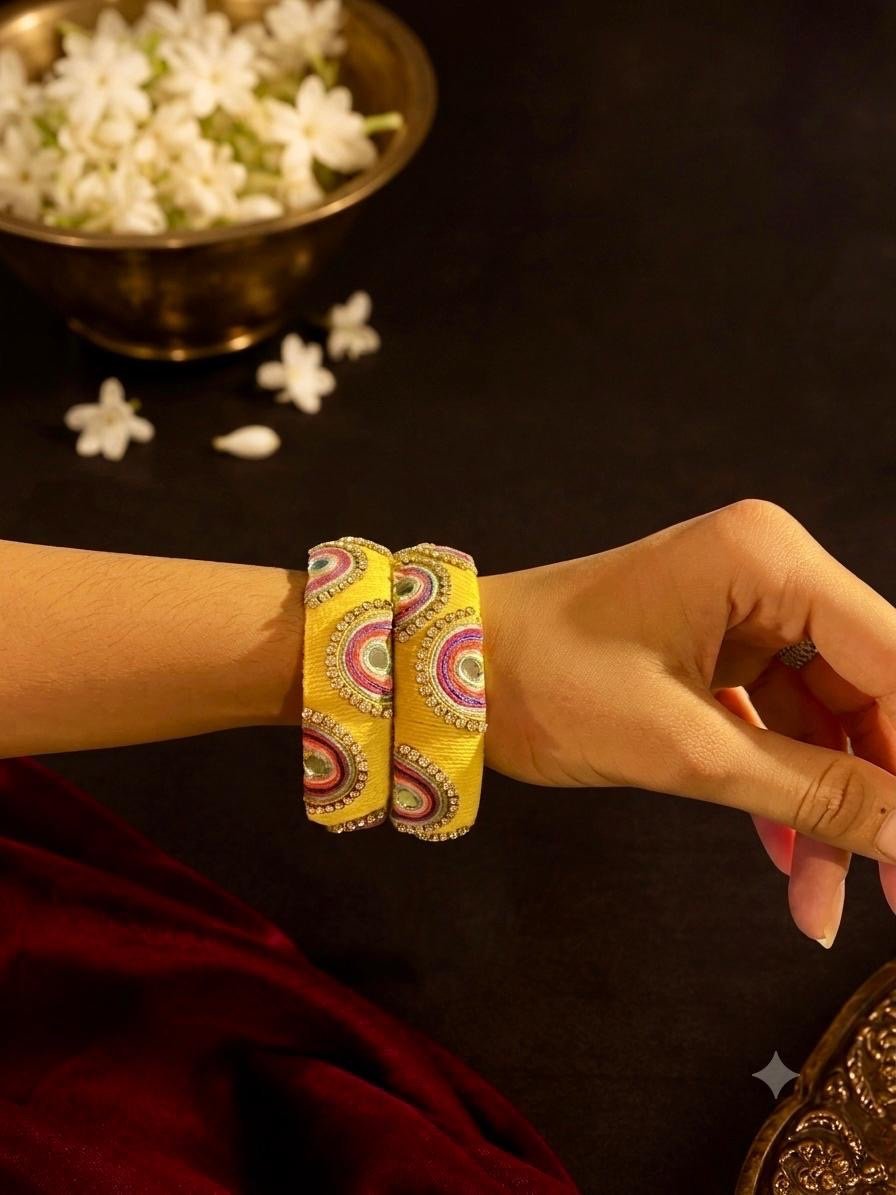 Yellow Multicolour Embroidered Mirror Work Bangle Set