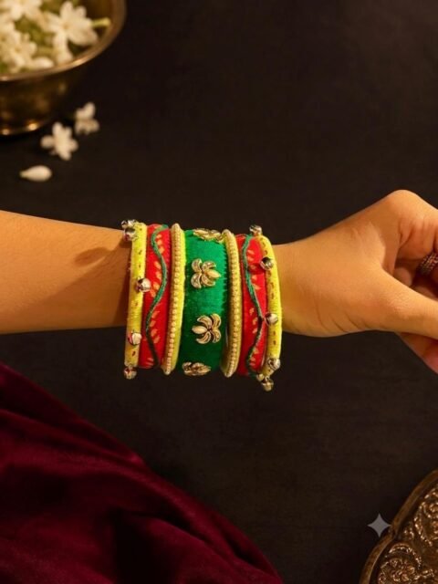 Green & Red Bell Embellished Handcrafted Bangle Set